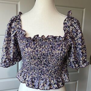 Shein Floral Smocked Crop Top Ruffle Square Neck Purple Puff Sleeve Blouse Shirt